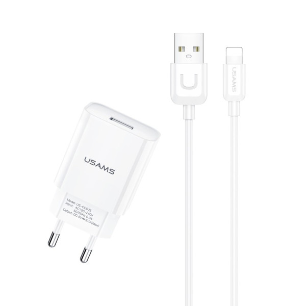 USAMS T21 Nabíječka adaptér + Lightning kabel 8 pin bílý 2.1A