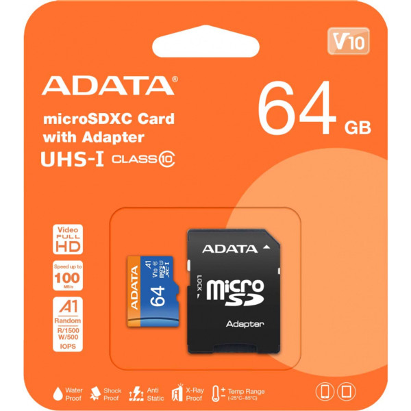 Paměťová karta microSDXC Adata 64GB, Class 10 / UHS-1 U1 + SD adaptér